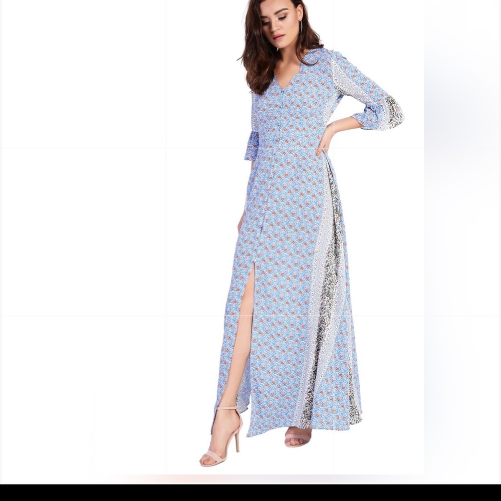 Glamorous Curves Blue Rust Border Floral Maxi Dress 18 W Boho Button Front Split